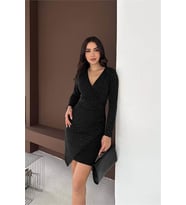 Neşeli butik kadın siyah taş detaylı uzun kol drapeli V yaka mini boy elbise NBK071