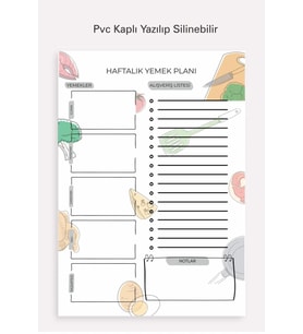 Haftalık Yemek Planlayıcı ve Alışveriş Listesi A4 PVC kaplı Yazılıp Silinebilir