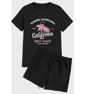 California Baskılı Baskı Şort Takım (Siyah)