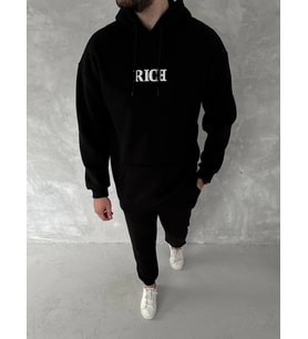 Uzun Kol Kapşonlu Göğüs Baskılı SweatShirt - Siyah