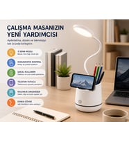 Şarjlı LED Masa Lambası Dokunmatik 3 Modlu Telefon Tutuculu Kalemlik Organizerli Esnek Gövdeli Çalışma Lambası