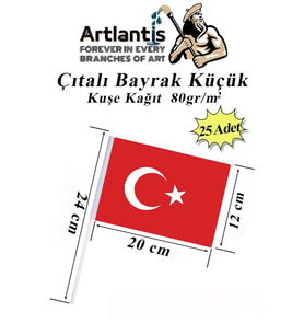 Çıtalı Bayrak Kağıt 20x12 cm 25 Adet Ay Yıldızlı Türk Bayrağı Çıtalı Sopalı Küçük Bayrak Plastik Çubuklu Bayrak (Kırmızı-Beyaz)