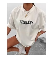 Unisex Bisiklet Yaka Baskılı Oversize T-Shirt - Beyaz
