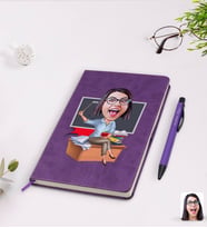 BK Gift Kişiye Özel Kadın Öğretmen Karikatürlü Mor Termo Deri Defter Kalem Seti Model 2