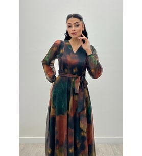Tül Kumaş V Yaka Midi Elbise - SARI