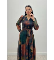 Tül Kumaş V Yaka Midi Elbise - SARI