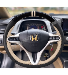 Honda Civic FN2 Dikme Direksiyon Kılıfı Parlak Siyah Bej Detaylı Bej Çift Yüzük ve Dikiş 2006-2012