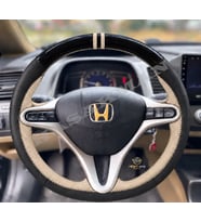 Honda Civic FN2 Dikme Direksiyon Kılıfı Parlak Siyah Bej Detaylı Bej Çift Yüzük ve Dikiş 2006-2012
