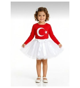 Kız Çocuk 23 Nisan 29 Ekim Gösteri Kıyafeti Kırmızı Uzun Kol Ayyıldız T-shirt Beyaz Tütü Etek Takım