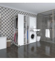 Kenzlife çamaşır-kurutma makinesi dolabı ve giysi dolabı çekmeceli attarmdf sol byz 187*160*60  % 100 FULL MDF (Beyaz)