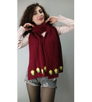 BORDO ÖRME TRİKO YEŞİL ÇİÇEKLİ KADIN ŞAL ATLI BOYUNLUK 200X30 CM
