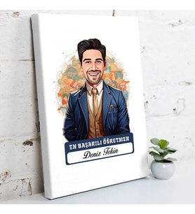 Kişiye Özel Hediye Karikatürlü En İyi Erkek Öğretmen Kanvas Tablo