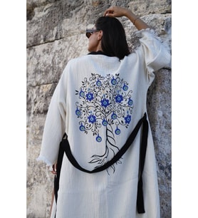 Müslin Kimono %100 Pamuklu Nazar Boncuk Baskılı Desenli Bornoz Kaftan Sabahlık (Ekru)
