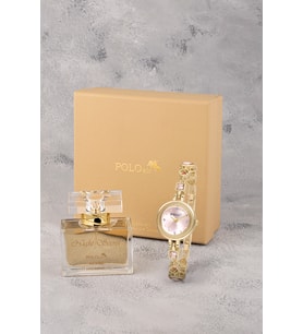 Polo Air Pembe Renkli Taş Detaylı Kadın Kol Saati Ve 55 ml Parfüm Hediyelik Kutusunda Set Gold Renk ST-2203S1