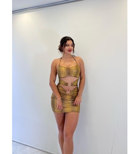 Gold Lame Askılı Toka Detaylı Mini Etekli Takım