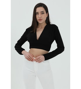 Derin V Yaka Crop Bluz - Siyah