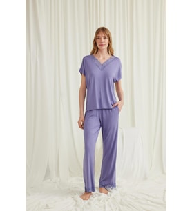 Monamise Kadın Kısa Kollu V Yakalı Dantelli Pijama Takımı 18560 