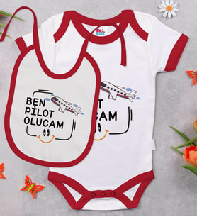 BK Kids Pilot Olucam Tasarımlı Kırmızı Bebek Body Zıbın ve Mama Önlüğü Hediye Seti-1
