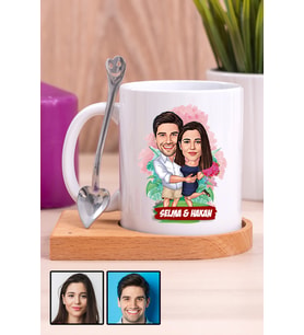 Çiftlere Özel Romantik Hediye Karikatürlü Ahşap Altlıklı Beyaz Kupa Bardak