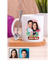 Çiftlere Özel Romantik Hediye Karikatürlü Ahşap Altlıklı Beyaz Kupa Bardak