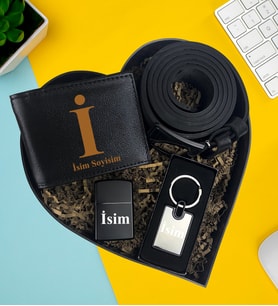 Kişiye Özel Premium Kalp Kutu Cüzdan Kemer Metal Lüx Anahtarlık Metal Çakmak Set