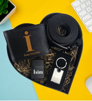 Kişiye Özel Premium Kalp Kutu Cüzdan Kemer Metal Lüx Anahtarlık Metal Çakmak Set