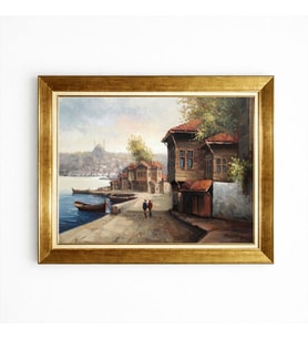 Tablore Altın Çerçeveli Nostaljik Eski İstanbul Manzaralı Yağlı Boya Görünümlü Tablo