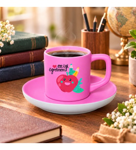 BK Gift En İyi Öğretmen Tasarımlı Mat Pembe Türk Kahvesi Fincanı ve Tabağı-2
