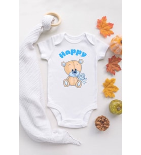 Sevimli Mutlu Ayıcık Happy Organik Baskılı %100 Pamuklu zıbın