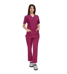 Kadın SPA  Hemşire Scrubs  Takım Likralı Terry Cotton Fuşya-İndigo Biyeli (Renksiz)