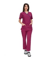 Kadın SPA  Hemşire Scrubs  Takım Likralı Terry Cotton Fuşya-İndigo Biyeli (Renksiz)