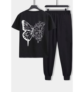 Unisex Drawing Butterflies Baskılı 2'li Eşofman Takımı (Siyah)