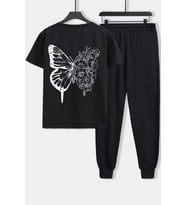 Unisex Drawing Butterflies Baskılı 2'li Eşofman Takımı (Siyah)