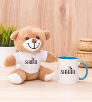 Kişiye Özel Minik Serçe İsim Yazılı Peluş Ayı ve Mavi Kupa