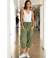 Beli Lastikli Düğme Detaylı Keten pantolon (Haki)