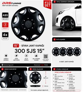 Nissan Uyumlu 15 Inc Kırılmaz Parlak Siyah Jant Kapağı 1 Takım 4 Adet No:300