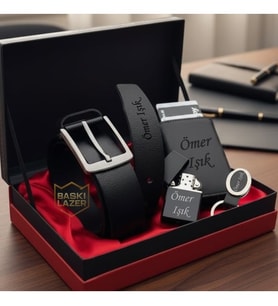 İsme Özel Premium Erkek Hediye Seti - Kemer Mekanizmalı Kartlık Cüzdan Çakmak Anahtarlık