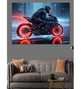 Neon Işıklı Gece Yarış Motosikleti Dekoratif Kanvas - Mdf Ahşap Tablo