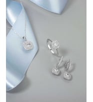 Çift Sıra Taşlı Kare Tek Taş Gümüş Takı Seti (Rodyum)