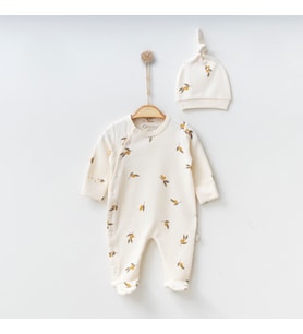 BabyŞen Zeytin Desenli Kız & Erkek Bebek Zıbın, Tulum, Body %100 Organik Pamuk 0/3 - 3/6 Ay (Bej)