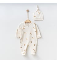 BabyŞen Zeytin Desenli Kız & Erkek Bebek Zıbın, Tulum, Body %100 Organik Pamuk 0/3 - 3/6 Ay (Bej)