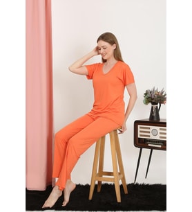 Akbeniz Kadın Kısa Kol Pamuk Penye Pijama Takım Turuncu 4213