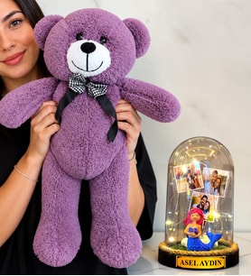 Kişiye Özel 3 Fotoğraflı Yazılı LED Işıklı Fanus ve Büyük Mor Peluş Ayıcık (denizkızı)