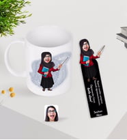BK Gift Kişiye Özel Tesettürlü Kadın Öğretmen Karikatürlü Kupa Bardak ve Ahşap Kitap Ayracı-3