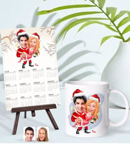 BK Gift Kişiye Özel Sevgililer Yılbaşı Karikatürlü Kupa Bardak ve 13x18cm Fotoğraf Kartlı Şövaleli 2024 Takvim Hediye Seti-2