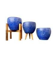 Bitki Tasarımı Lacivert Granit Toprak Saksı Saksılık Salon Çiçeklik Üçlü Set - 15 CM