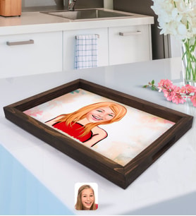 BK Gift Kişiye Özel Kadın Karikatürlü Doğal Ahşap Tepsi-33