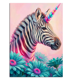 Gökkuşağı Boynuzlu Zebra Masalsı Portre Dekoratif Kanvas - Mdf Ahşap Tablo