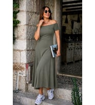 Kadın Omuzlardan Açık Lastikli Uzun Viskon Elbise