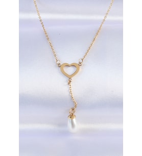 316L Çelik Zincir Gold Renk İnci Taş Detay Kalp Kolye 5886 - HPSBYI6090-2735